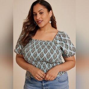 Maurices Plus Medallion Smocked Short Puff Sleeve Boho Crop Top Size XXL